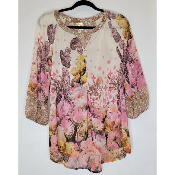 fig and flower Tops - *ANTHROPOLOGIE* Fig & Flower Pink Paisley Floral Sheer Flowy Boho Blouse sz M